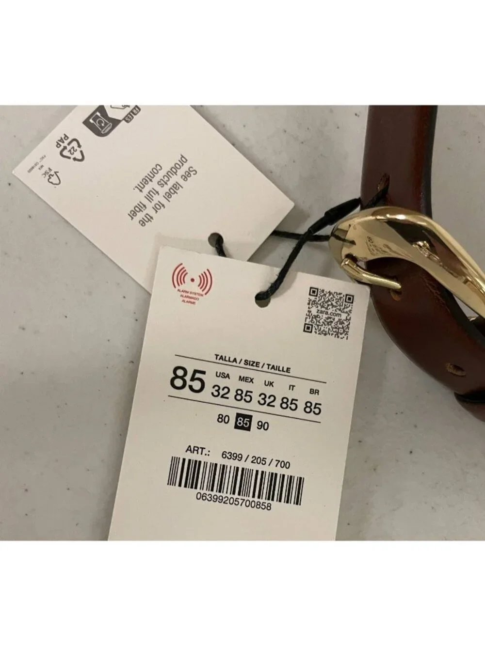 New Zara Brown Leather Belt EU 85 US 32 Gold Tone Buckle NWT